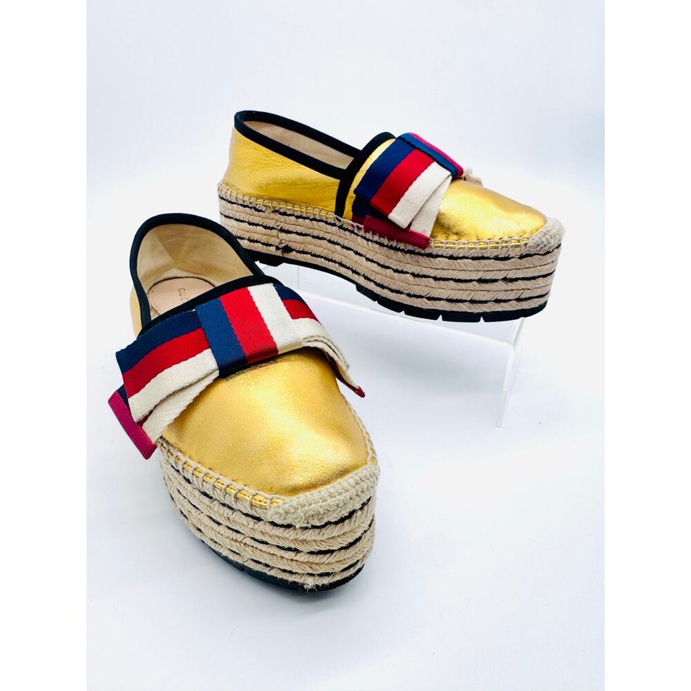 Gucci Sylvie GG Web Bow Platform Espadrilles Metallic Gold Leather EU 38.5
